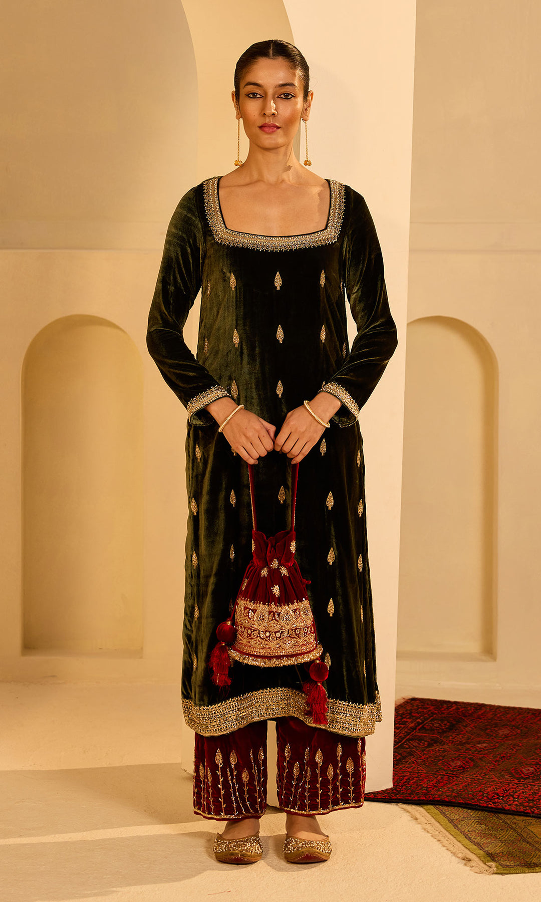 Dilbaro mughals olive green straight kurta with red palazzo and shawl (set of 3)