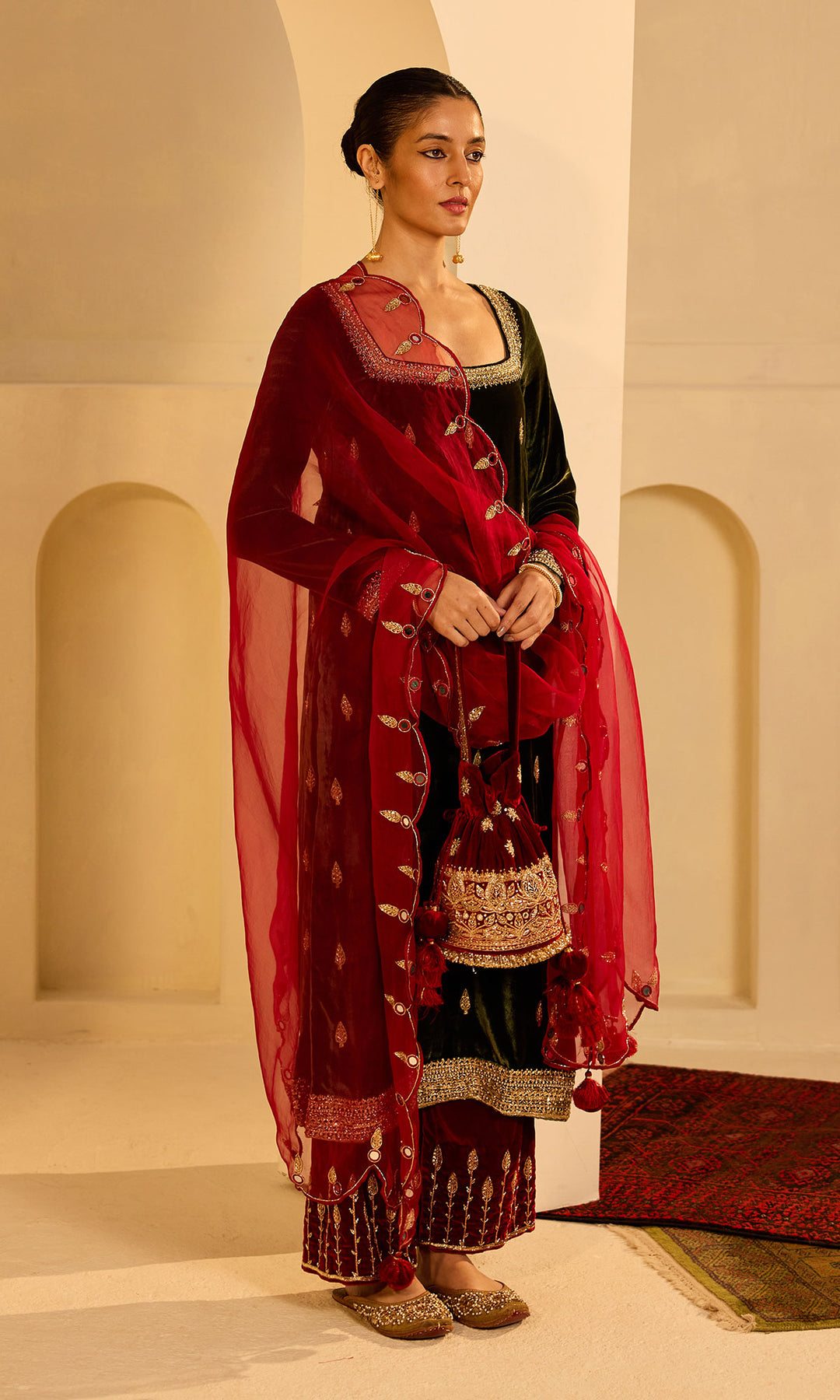 Dilbaro mughals olive green straight kurta with red palazzo and dupatta (set of 3)