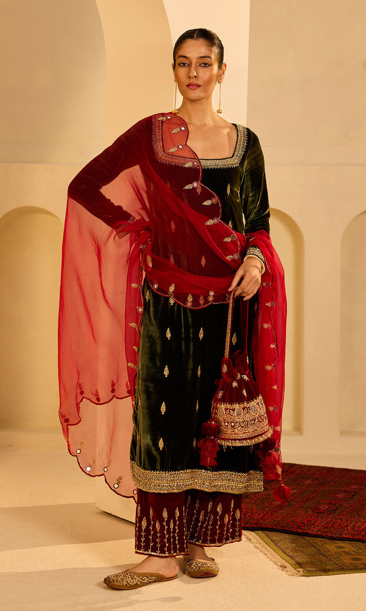 Dilbaro mughals olive green straight kurta with red palazzo and dupatta (set of 3)