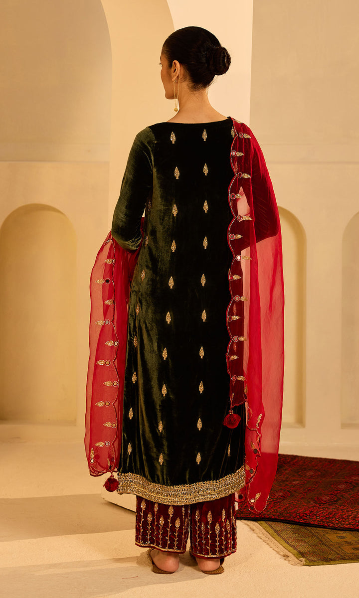 Dilbaro mughals olive green straight kurta with red palazzo and dupatta (set of 3)