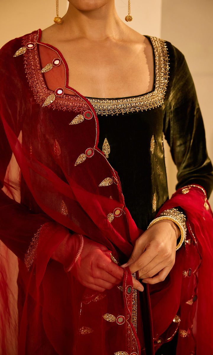 Dilbaro mughals olive green straight kurta with red palazzo and dupatta (set of 3)