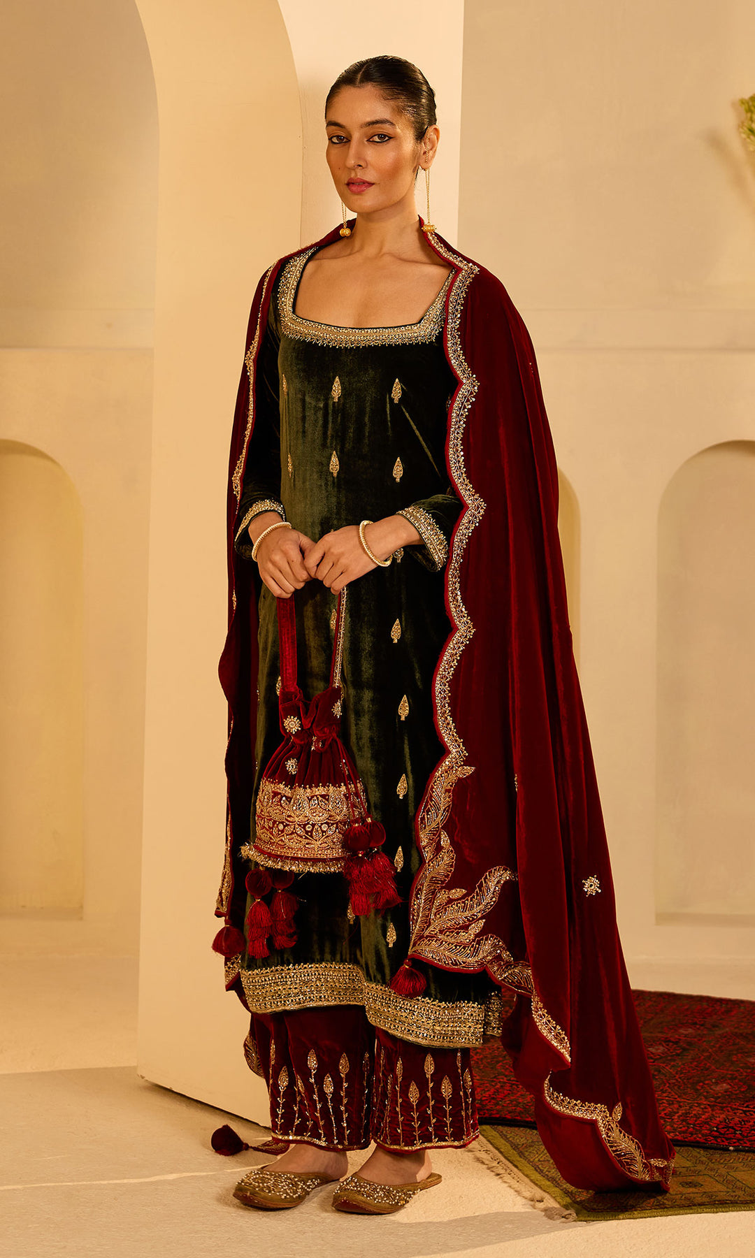 Dilbaro mughals olive green straight kurta with red palazzo and shawl (set of 3)