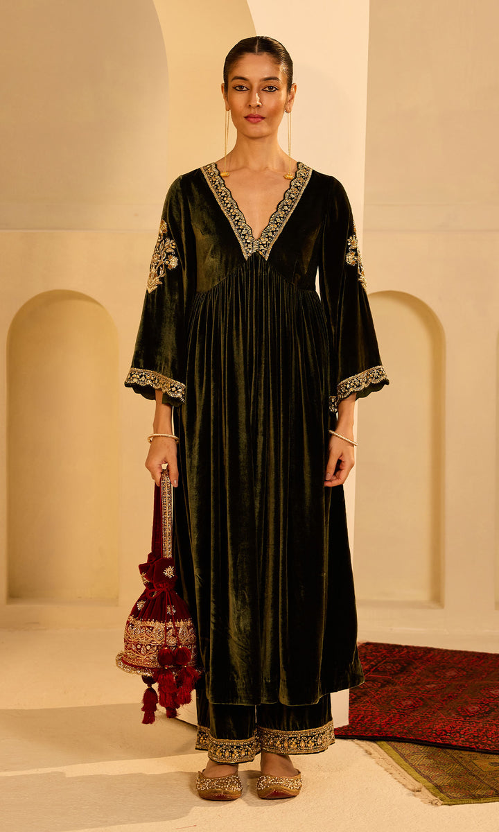 Dilbaro Mughals Olive Green v Neck Anarkali with Palazzo and Dupatta (set of 3)