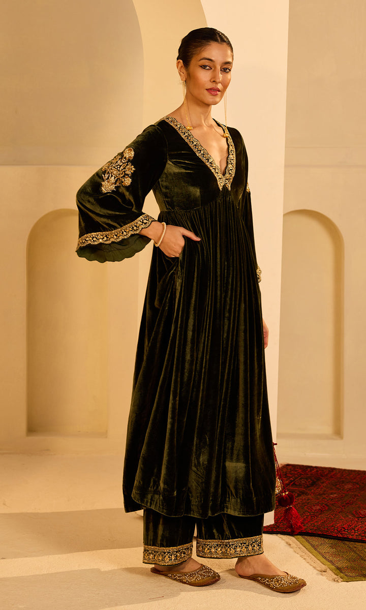 Dilbaro Mughals Olive Green v Neck Anarkali with Palazzo and Dupatta (set of 3)