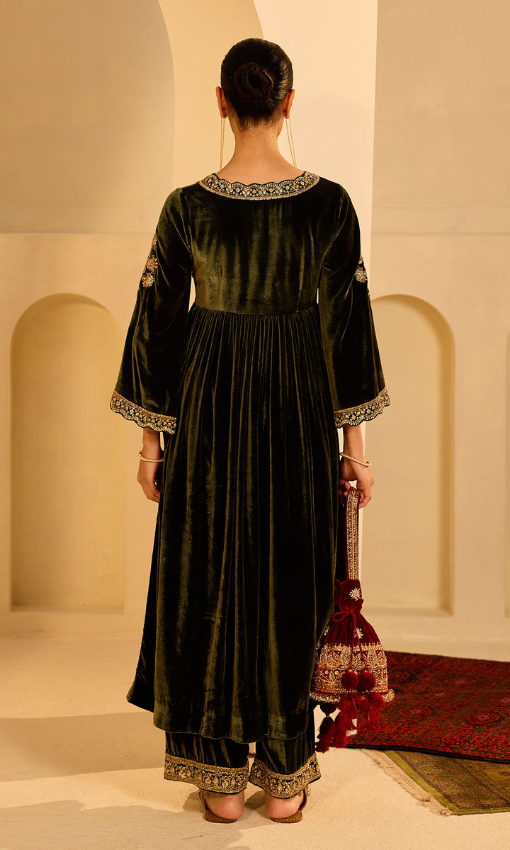 Dilbaro Mughals Olive Green v Neck Anarkali with Palazzo and Dupatta (set of 3)