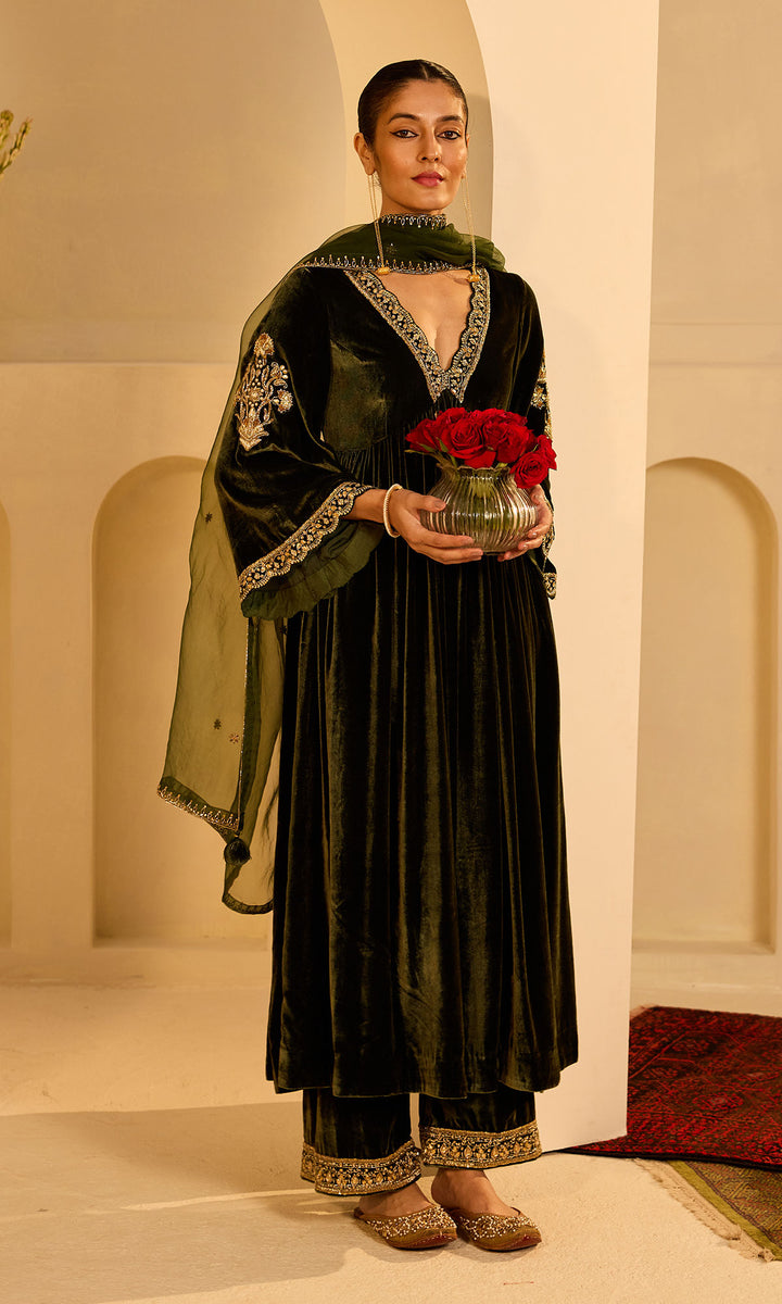 Dilbaro Mughals Olive Green v Neck Anarkali with Palazzo and Dupatta (set of 3)