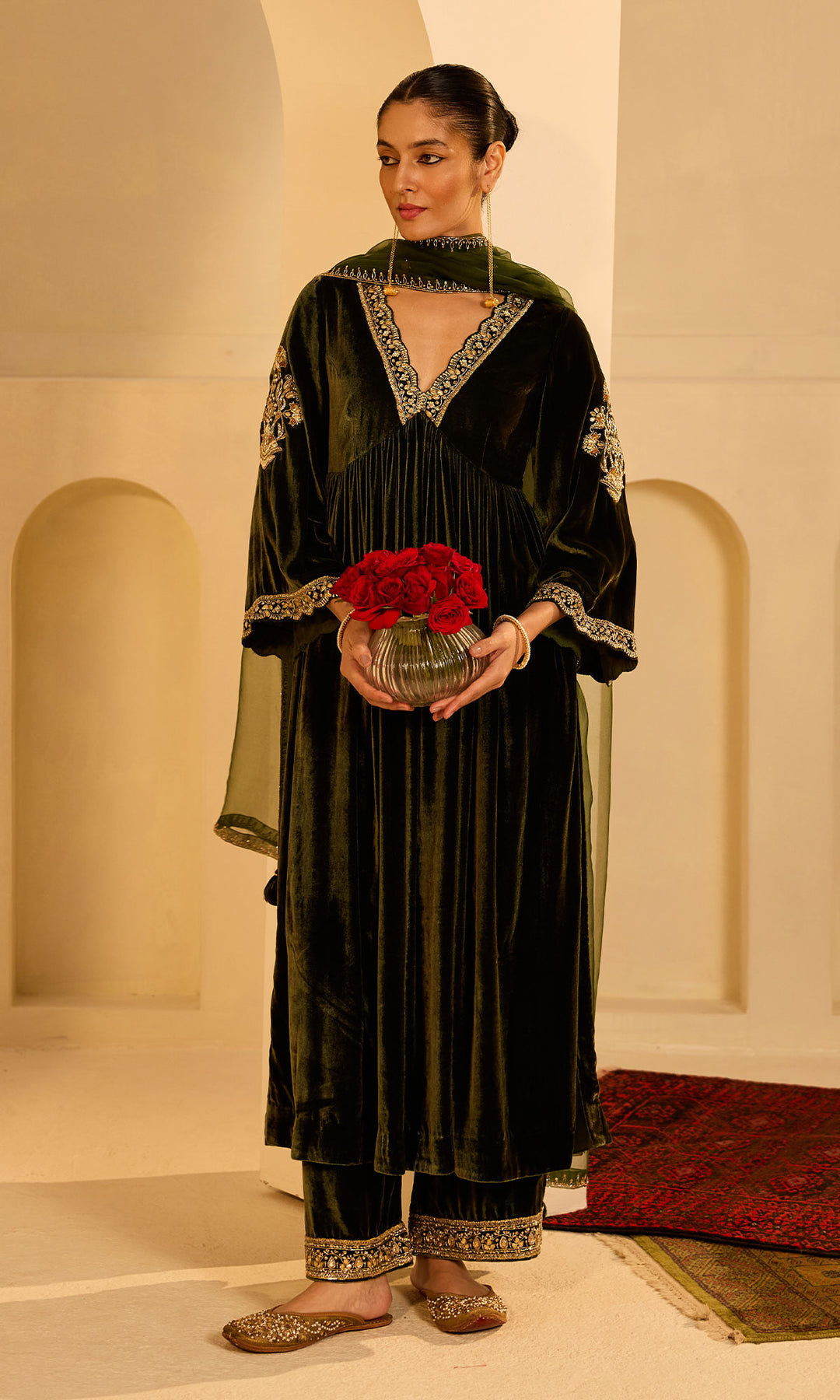 Dilbaro Mughals Olive Green v Neck Anarkali with Palazzo and Dupatta (set of 3)