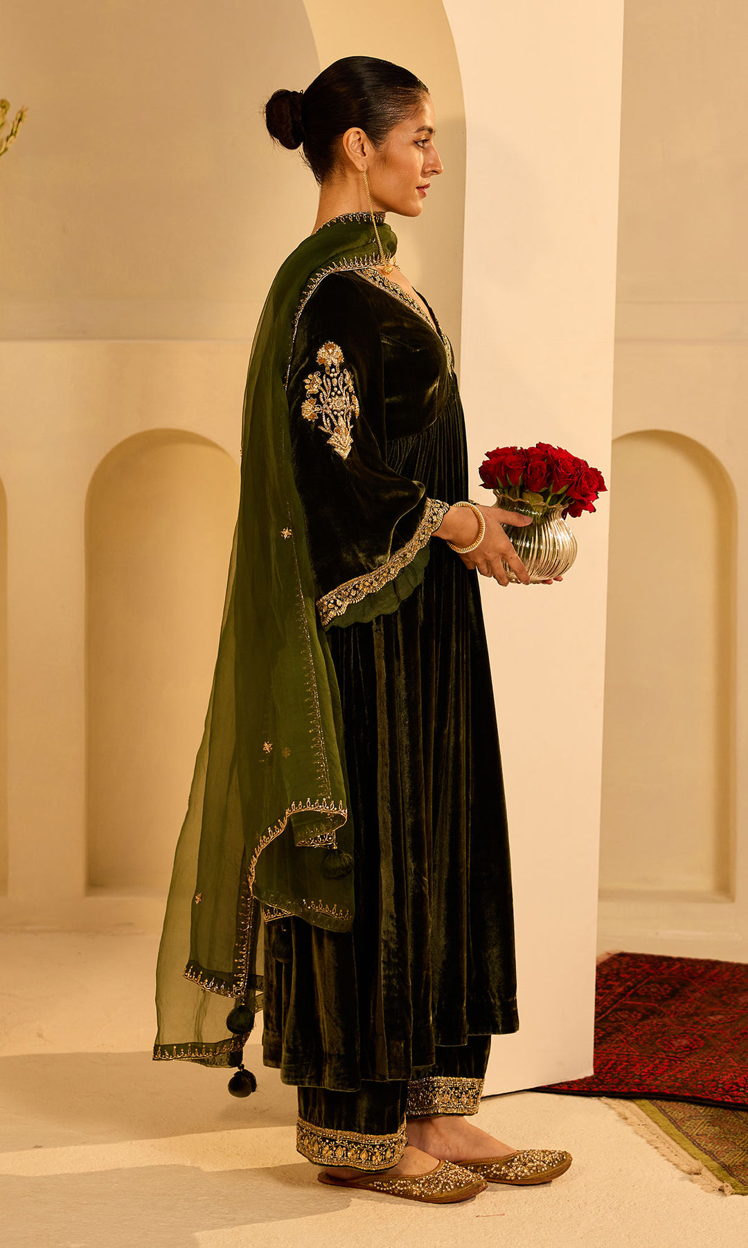 Dilbaro Mughals Olive Green v Neck Anarkali with Palazzo and Dupatta (set of 3)