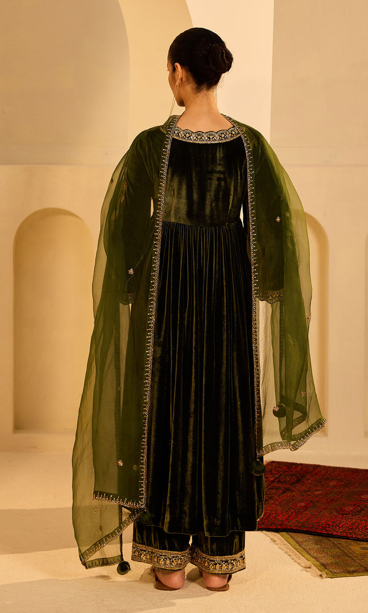 Dilbaro Mughals Olive Green v Neck Anarkali with Palazzo and Dupatta (set of 3)