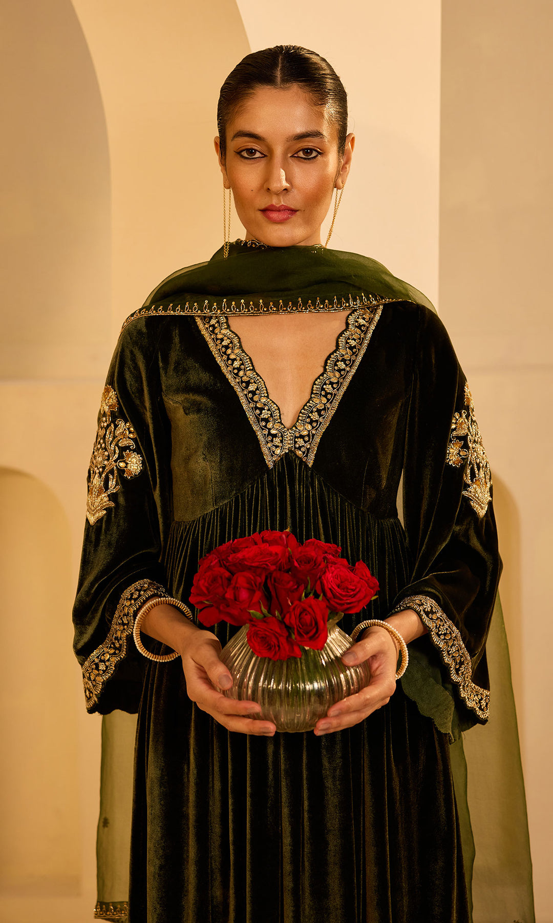 Dilbaro Mughals Olive Green v Neck Anarkali with Palazzo and Dupatta (set of 3)