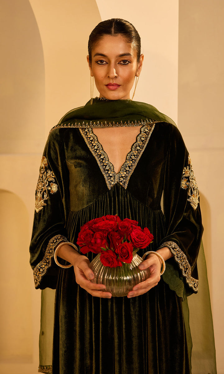 Dilbaro Mughals Olive Green v Neck Anarkali with Palazzo and Dupatta (set of 3)