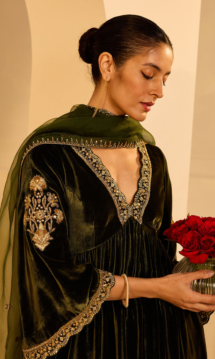 Dilbaro Mughals Olive Green v Neck Anarkali with Palazzo and Dupatta (set of 3)