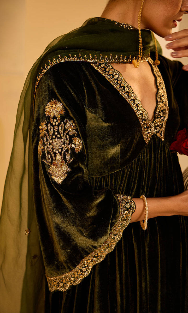 Dilbaro Mughals Olive Green v Neck Anarkali with Palazzo and Dupatta (set of 3)