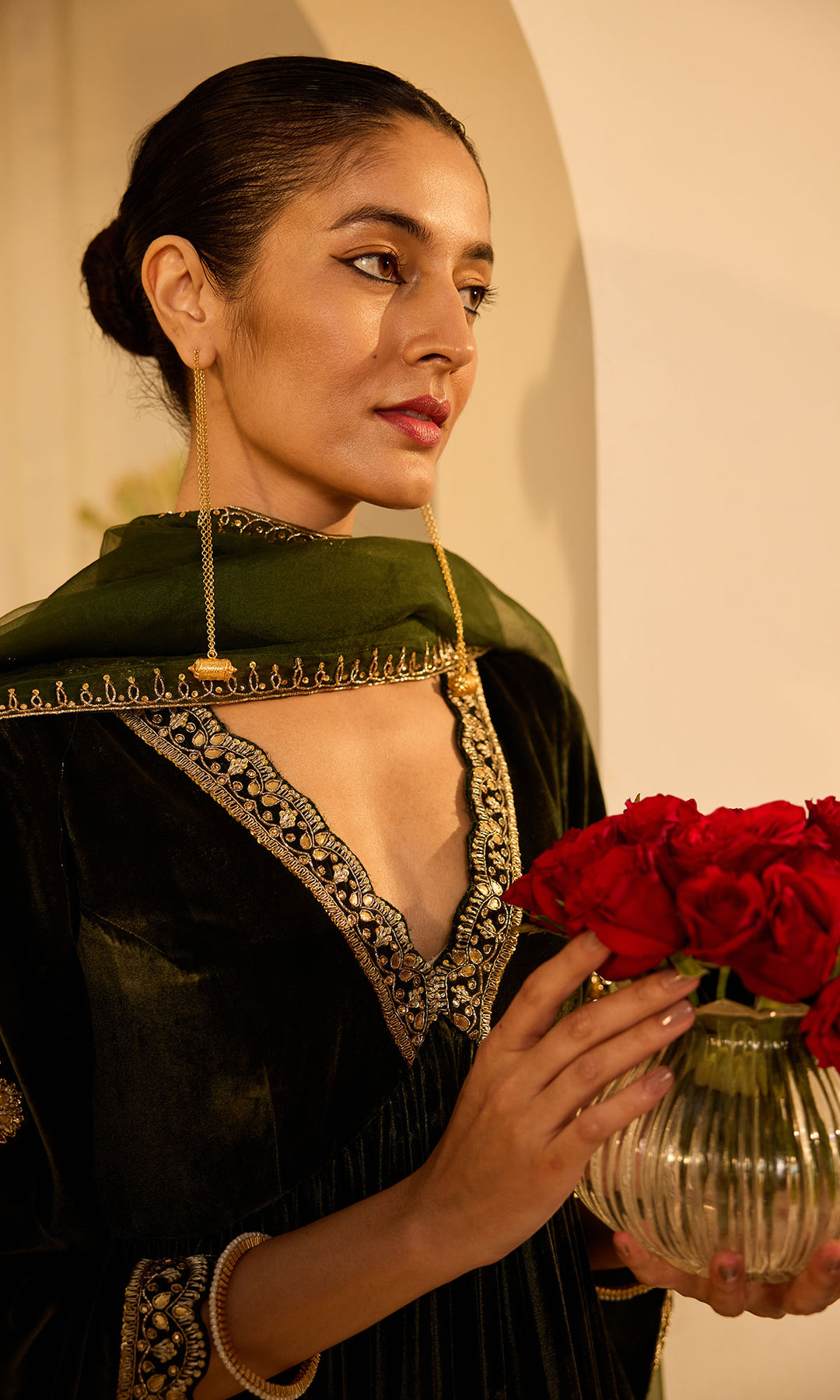 Dilbaro Mughals Olive Green v Neck Anarkali with Palazzo and Dupatta (set of 3)