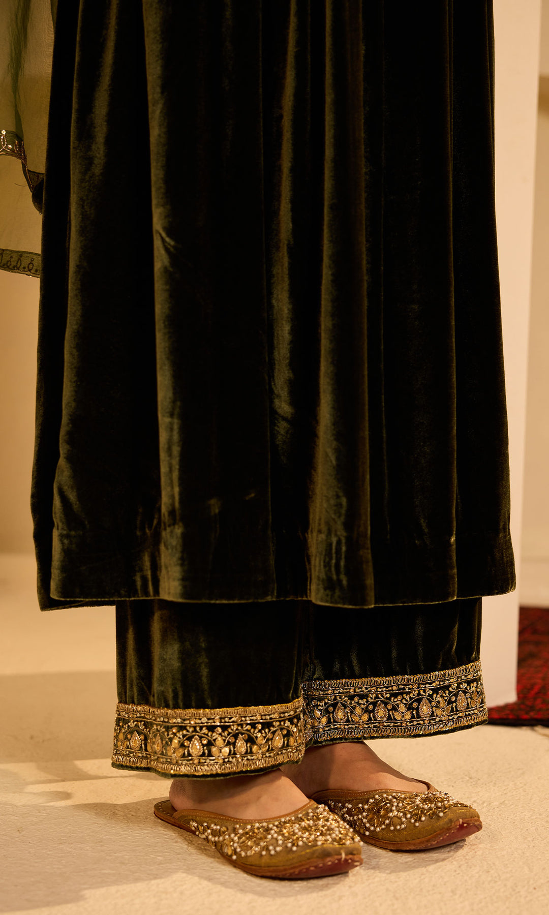 Dilbaro Mughals Olive Green v Neck Anarkali with Palazzo and Dupatta (set of 3)