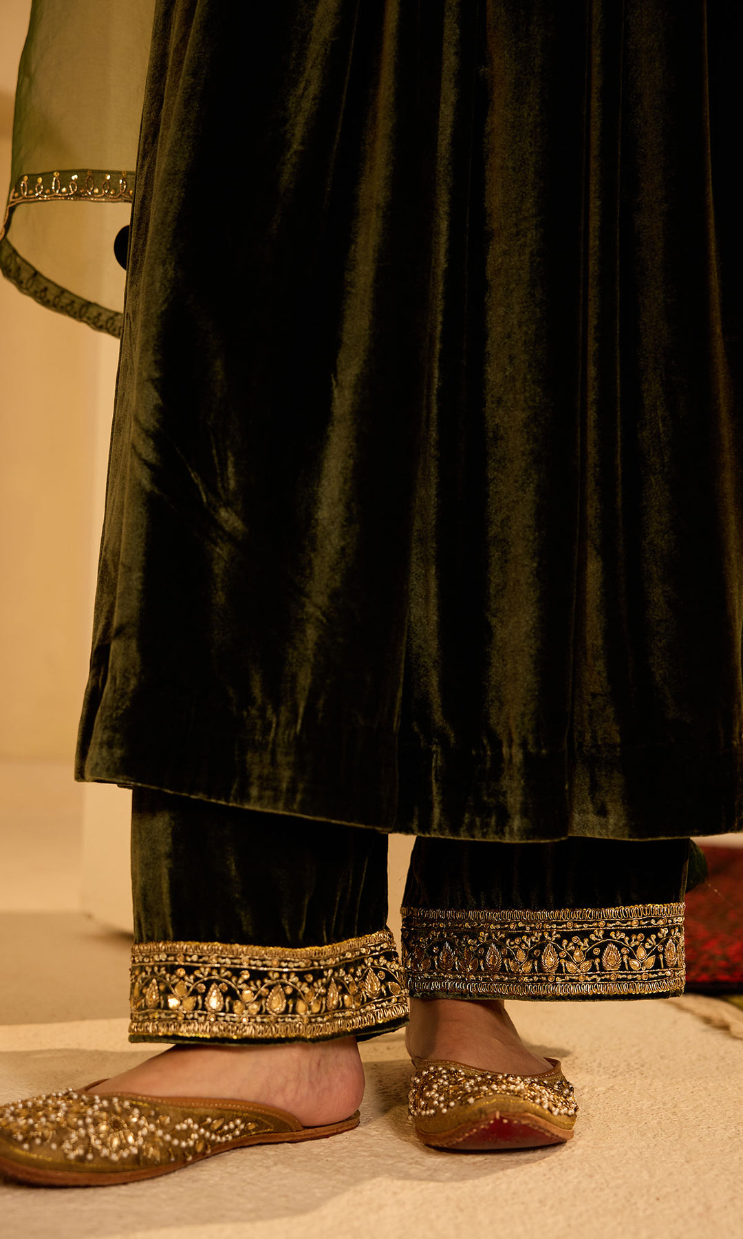 Dilbaro Mughals Olive Green v Neck Anarkali with Palazzo and Dupatta (set of 3)