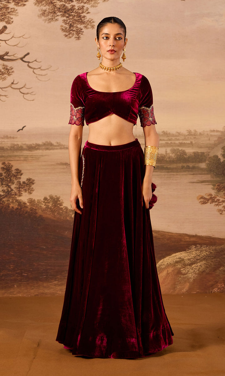 Dilbaro Embroidered Velvets Deep Orchid Silk Velvet Lehenga with Blouse and Shawl (Set of 3)