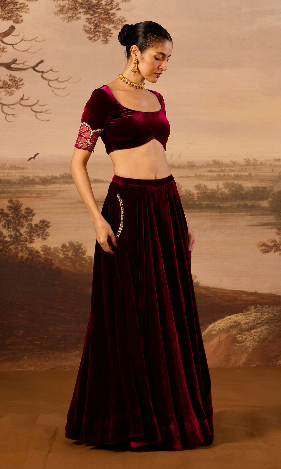 Dilbaro Embroidered Velvets Deep Orchid Silk Velvet Lehenga with Blouse and Shawl (Set of 3)