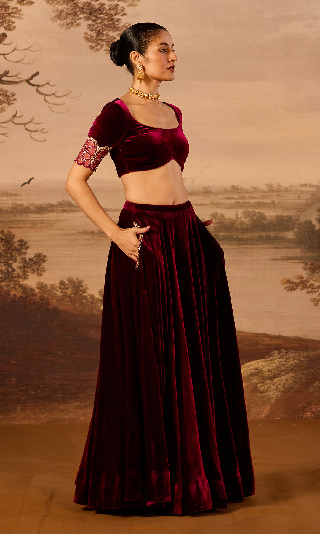 Dilbaro Embroidered Velvets Deep Orchid Silk Velvet Lehenga with Blouse and Shawl (Set of 3)