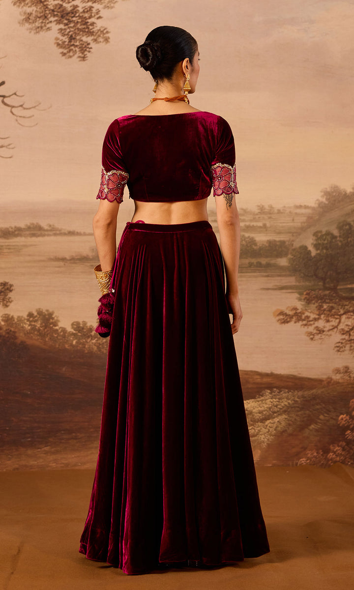 Dilbaro Embroidered Velvets Deep Orchid Silk Velvet Lehenga with Blouse and Shawl (Set of 3)