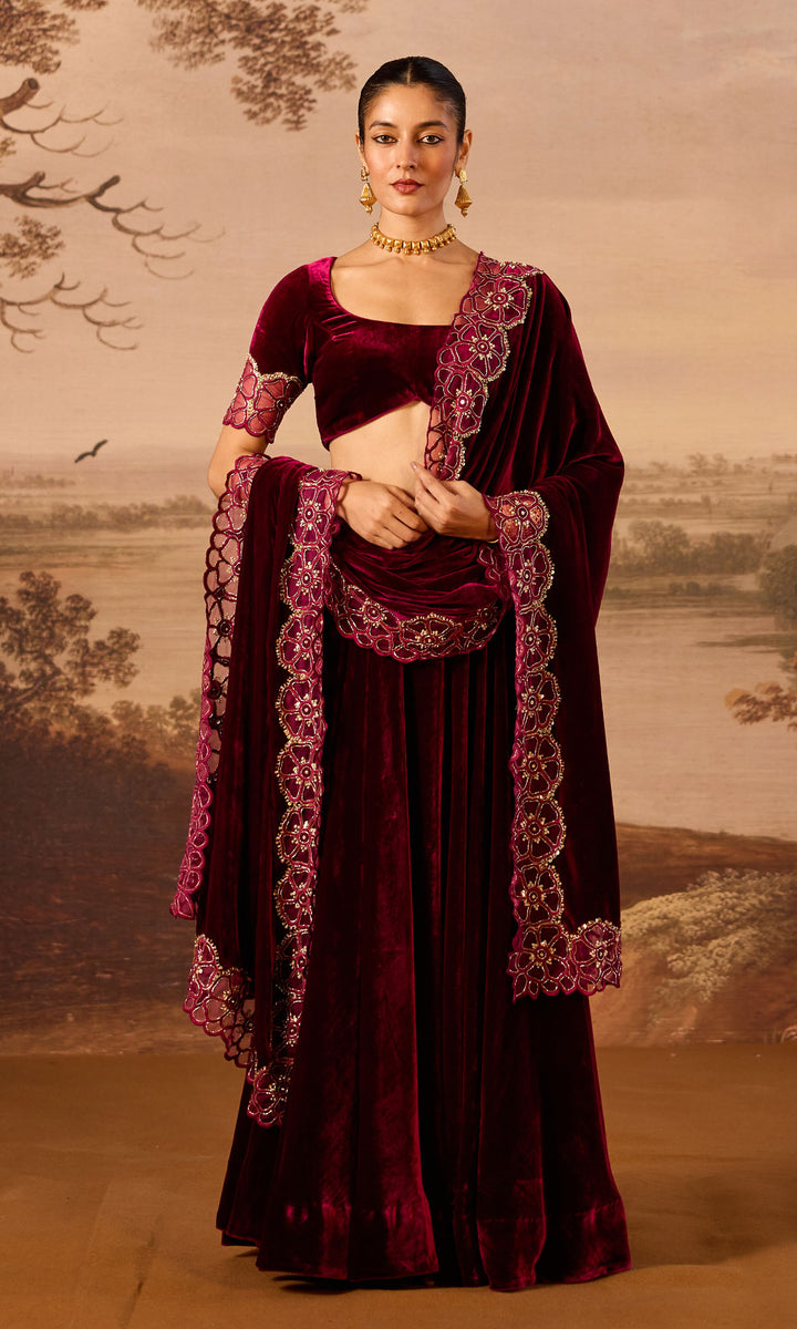 Dilbaro Embroidered Velvets Deep Orchid Silk Velvet Lehenga with Blouse and Shawl (Set of 3)