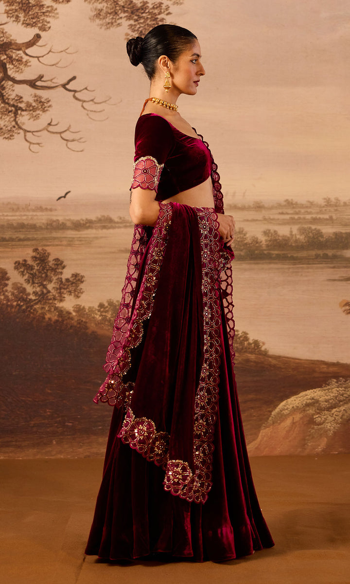 Dilbaro Embroidered Velvets Deep Orchid Silk Velvet Lehenga with Blouse and Shawl (Set of 3)