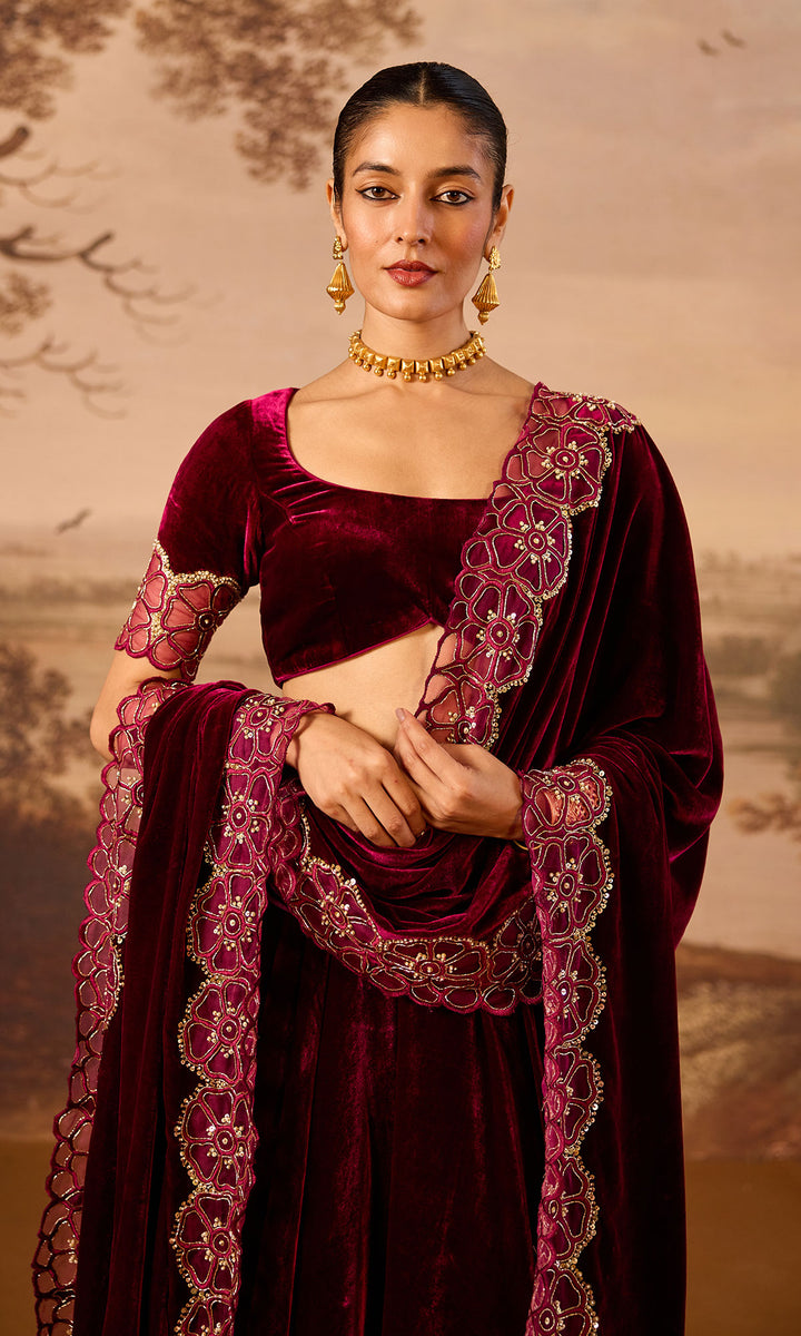 Dilbaro Embroidered Velvets Deep Orchid Silk Velvet Lehenga with Blouse and Shawl (Set of 3)