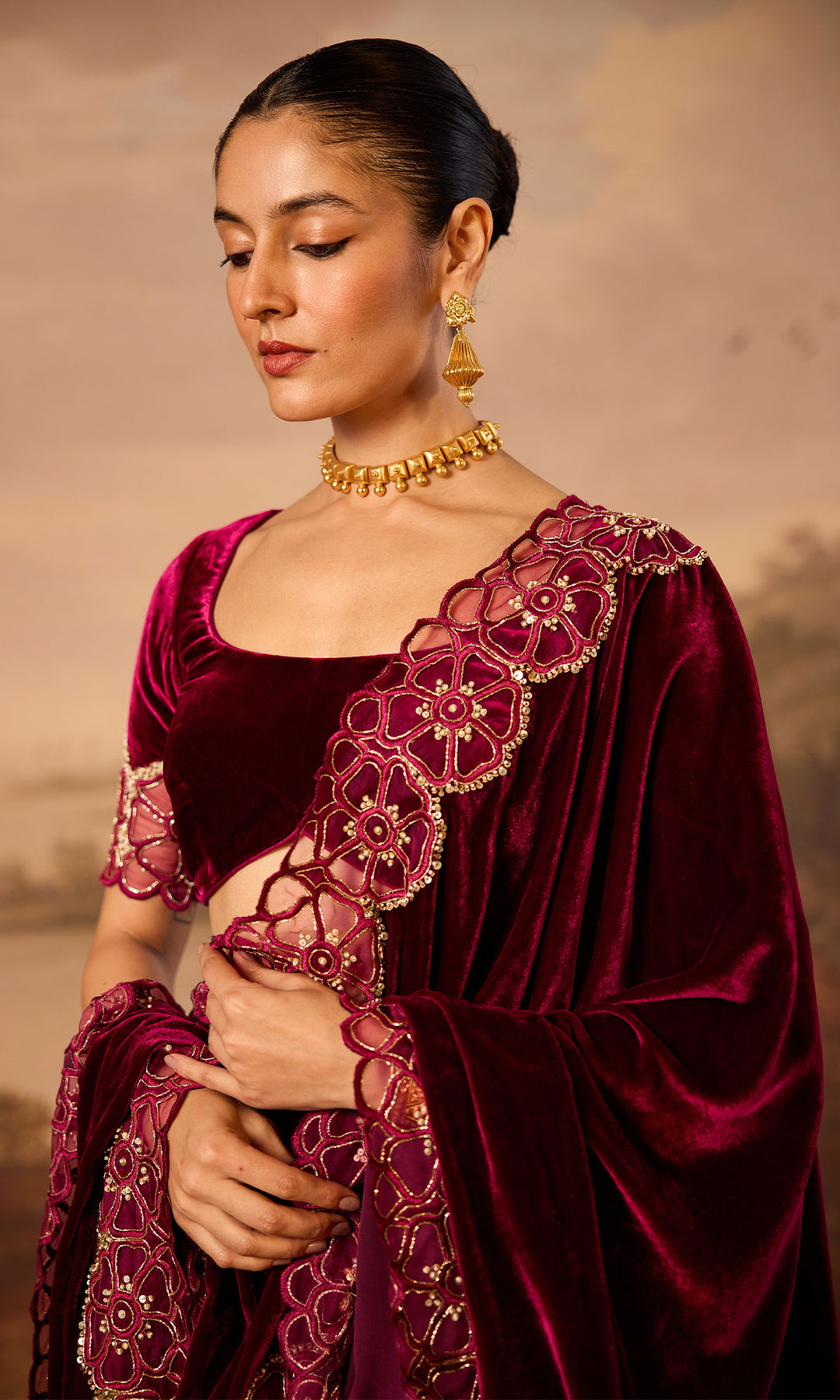 Dilbaro Embroidered Velvets Deep Orchid Silk Velvet Lehenga with Blouse and Shawl (Set of 3)