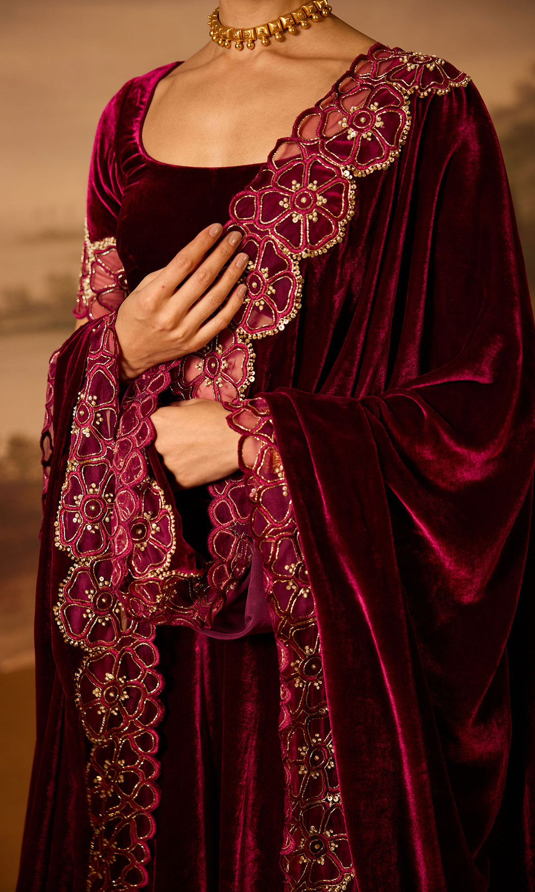 Dilbaro Embroidered Velvets Deep Orchid Silk Velvet Lehenga with Blouse and Shawl (Set of 3)