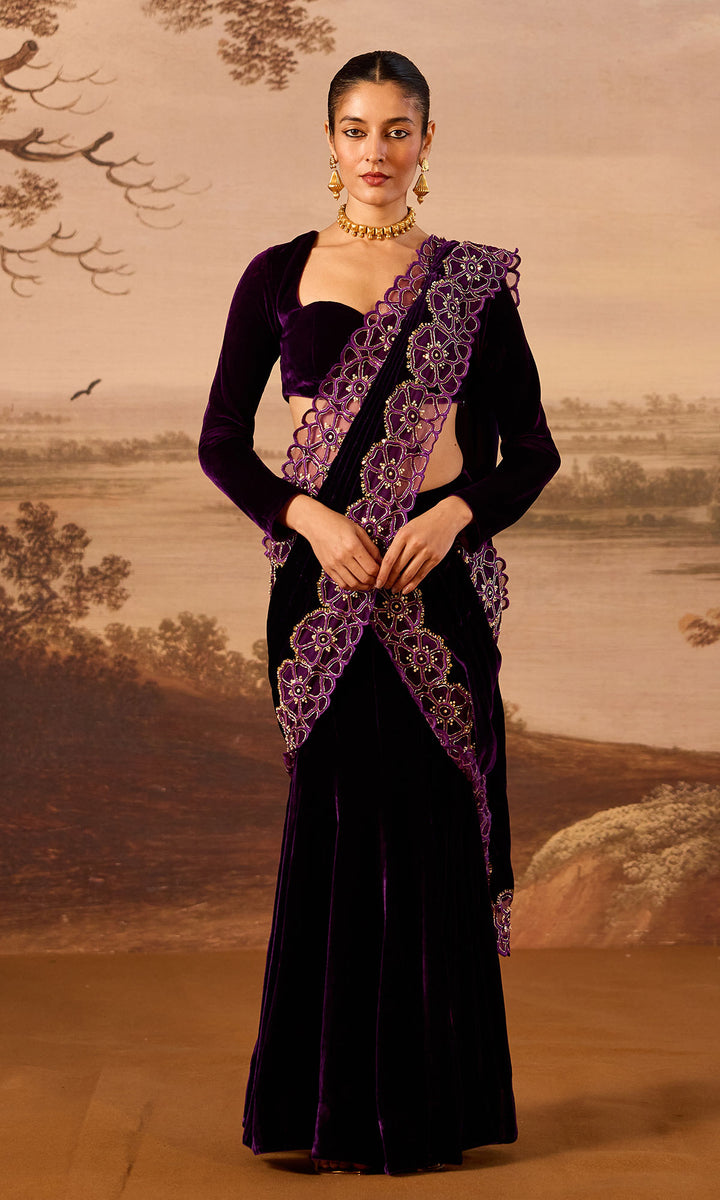 Dilbaro Embroidered Velvets Purple Silk Velvet Cutwork Drape Saree with Blouse