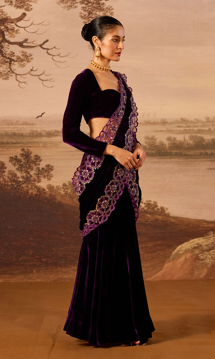 Dilbaro Embroidered Velvets Purple Silk Velvet Cutwork Drape Saree with Blouse