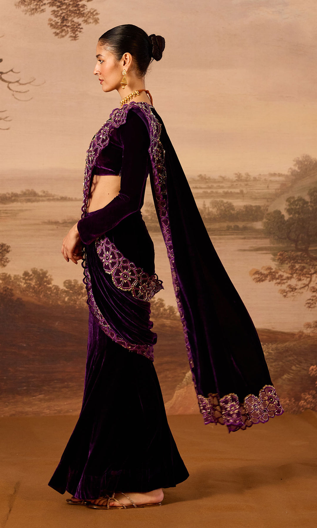 Dilbaro Embroidered Velvets Purple Silk Velvet Cutwork Drape Saree with Blouse