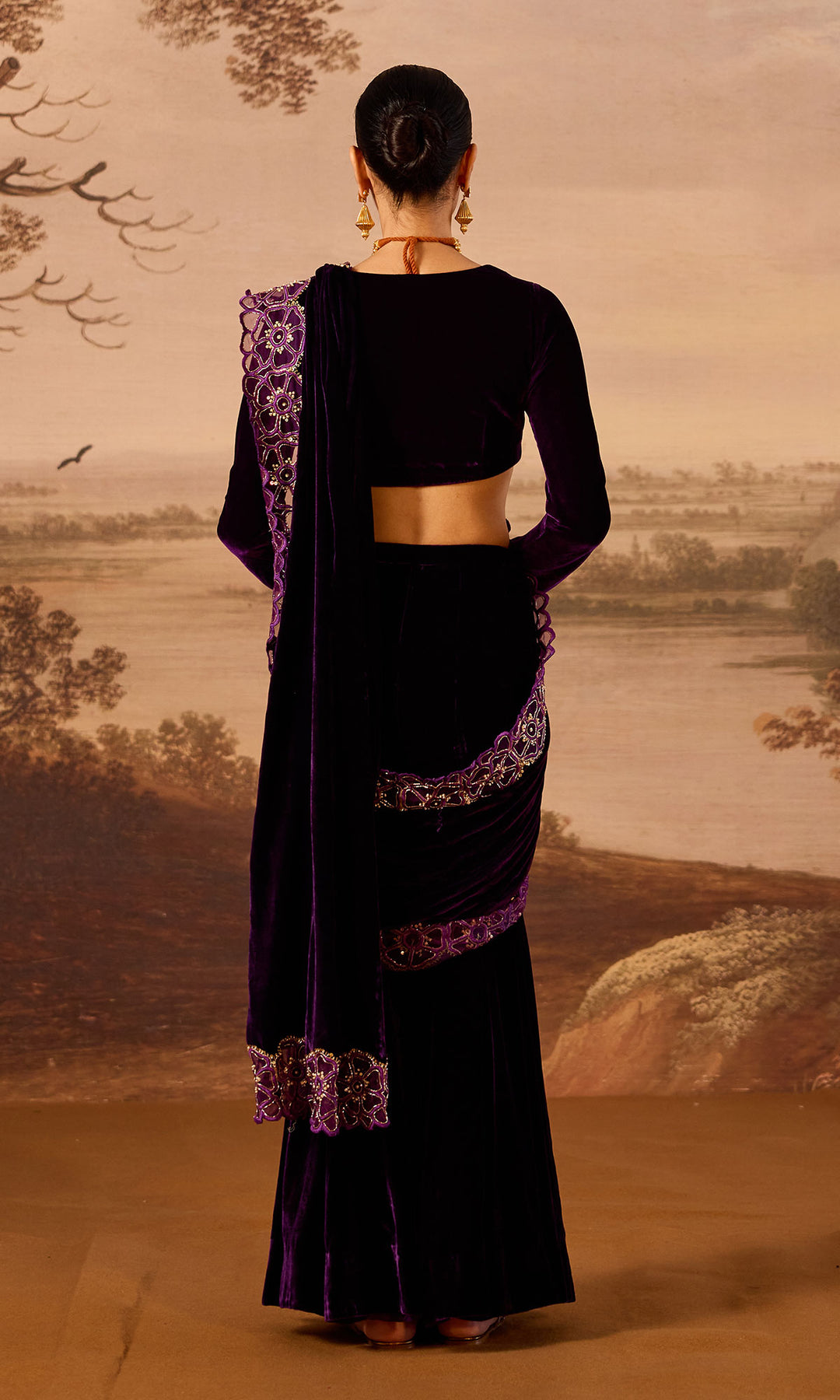 Dilbaro Embroidered Velvets Purple Silk Velvet Cutwork Drape Saree with Blouse