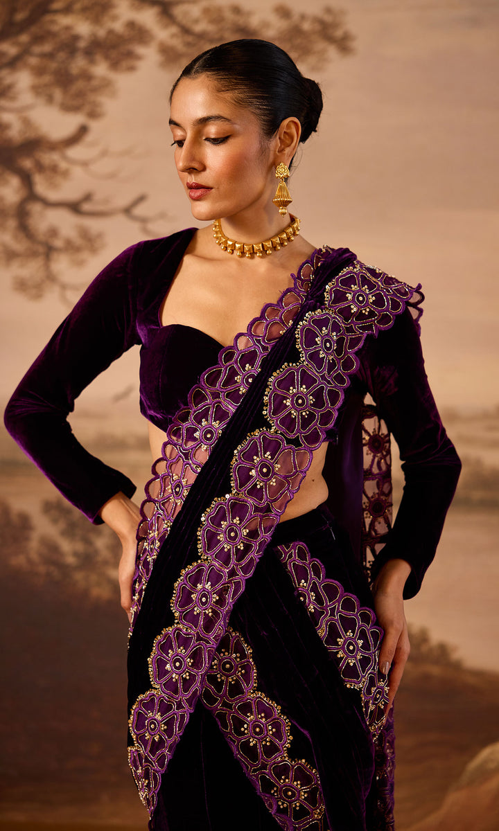 Dilbaro Embroidered Velvets Purple Silk Velvet Cutwork Drape Saree with Blouse