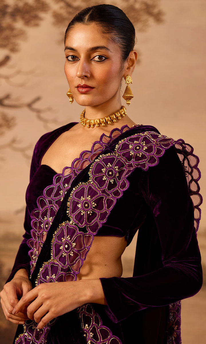 Dilbaro Embroidered Velvets Purple Silk Velvet Cutwork Drape Saree with Blouse