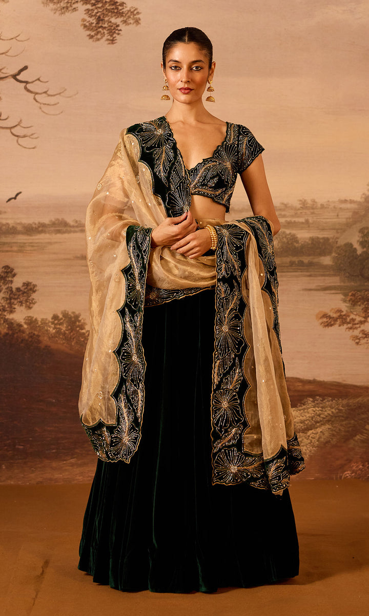 Dilbaro Embroidered Velvets Green Silk Velvet Lehenga with Cutwork Blouse and Dupatta (Set of 3)