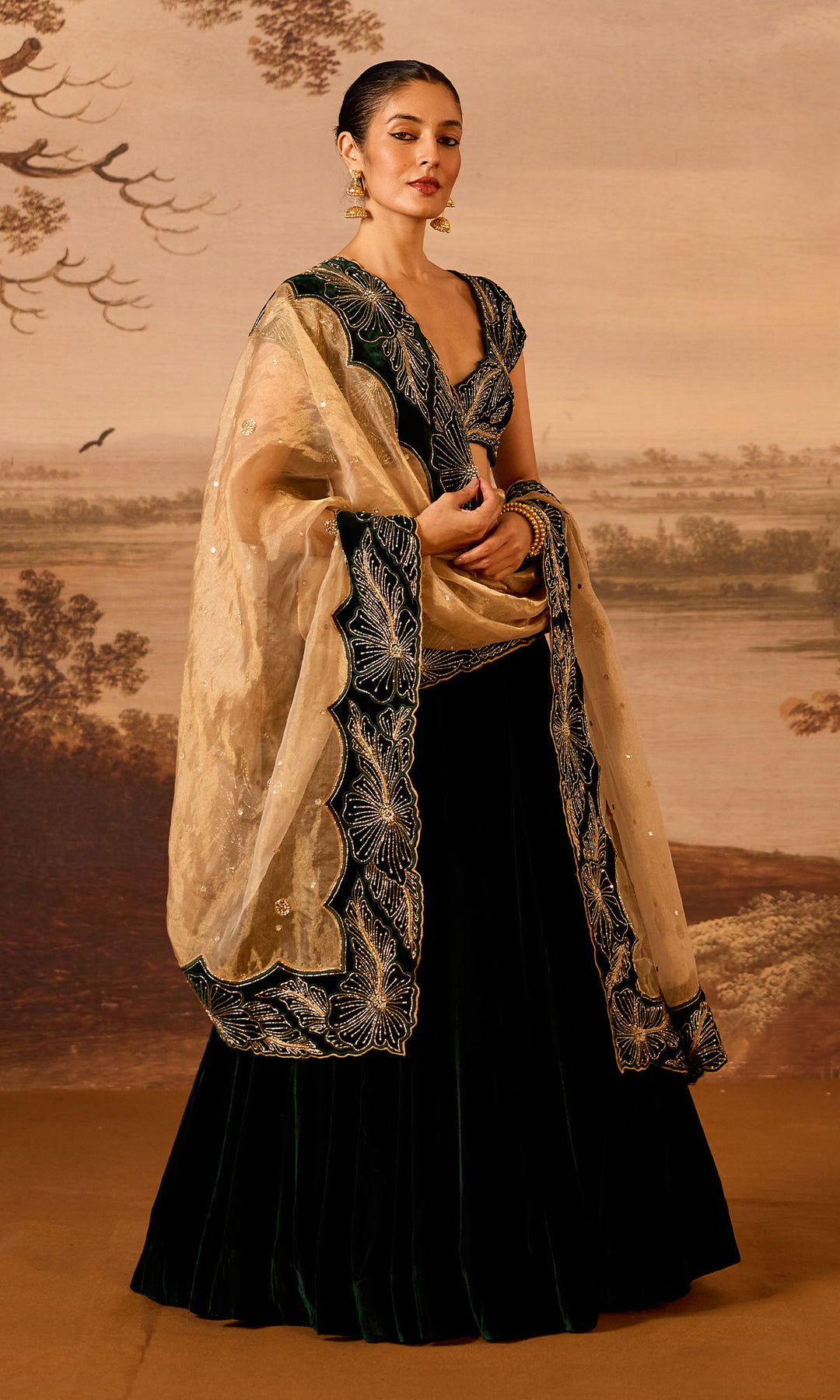 Dilbaro Embroidered Velvets Green Silk Velvet Lehenga with Cutwork Blouse and Dupatta (Set of 3)