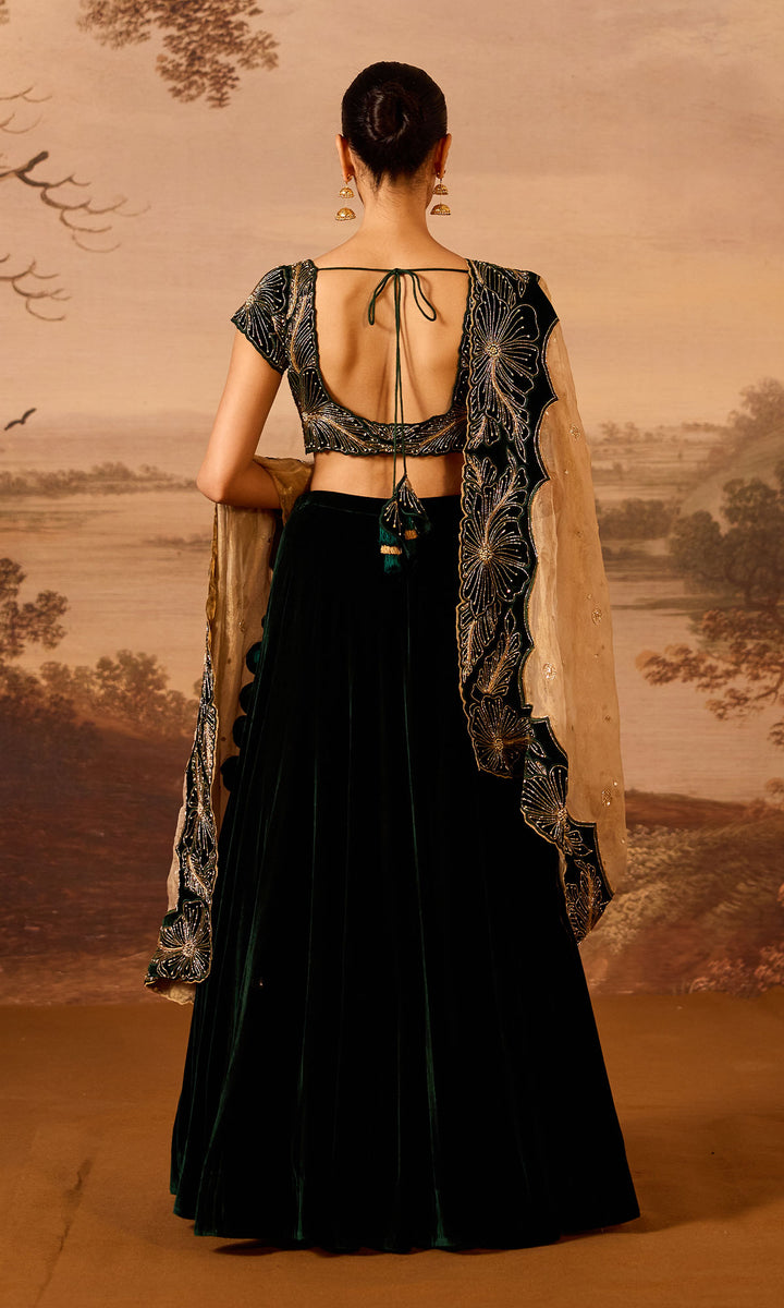Dilbaro Embroidered Velvets Green Silk Velvet Lehenga with Cutwork Blouse and Dupatta (Set of 3)