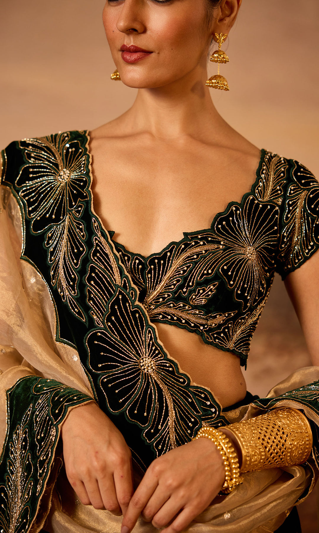 Dilbaro Embroidered Velvets Green Silk Velvet Lehenga with Cutwork Blouse and Dupatta (Set of 3)