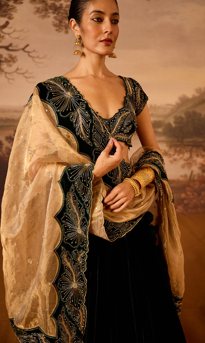 Dilbaro Embroidered Velvets Green Silk Velvet Lehenga with Cutwork Blouse and Dupatta (Set of 3)