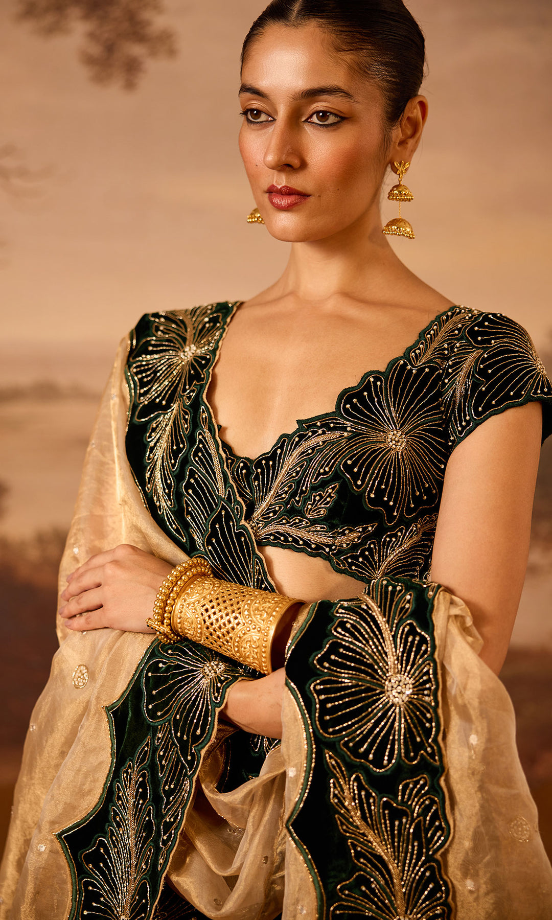 Dilbaro Embroidered Velvets Green Silk Velvet Lehenga with Cutwork Blouse and Dupatta (Set of 3)