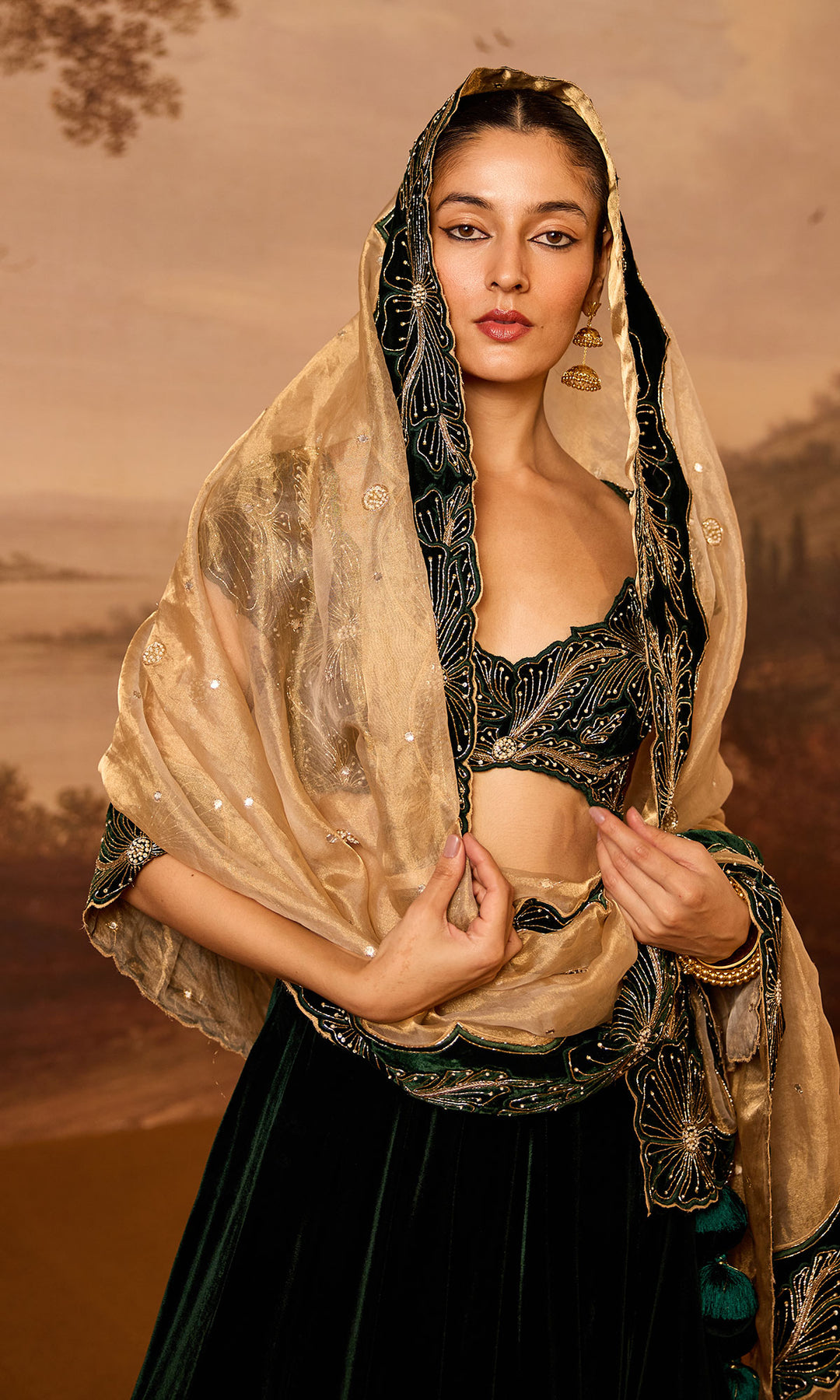 Dilbaro Embroidered Velvets Green Silk Velvet Lehenga with Cutwork Blouse and Dupatta (Set of 3)