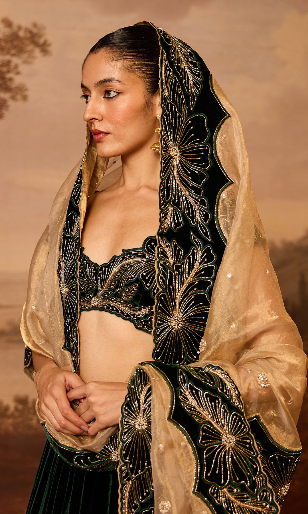 Dilbaro Embroidered Velvets Green Silk Velvet Lehenga with Cutwork Blouse and Dupatta (Set of 3)