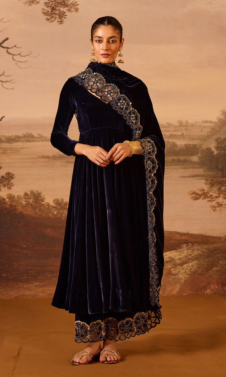 Dilbaro Embroidered Velvets Blue Silk Velvet Anarkali with Embroidered Palazzo and Shawl (Set of 3)