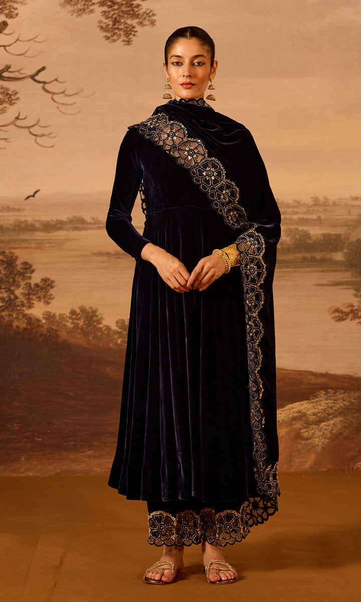 Dilbaro Embroidered Velvets Blue Silk Velvet Cutwork Shawl