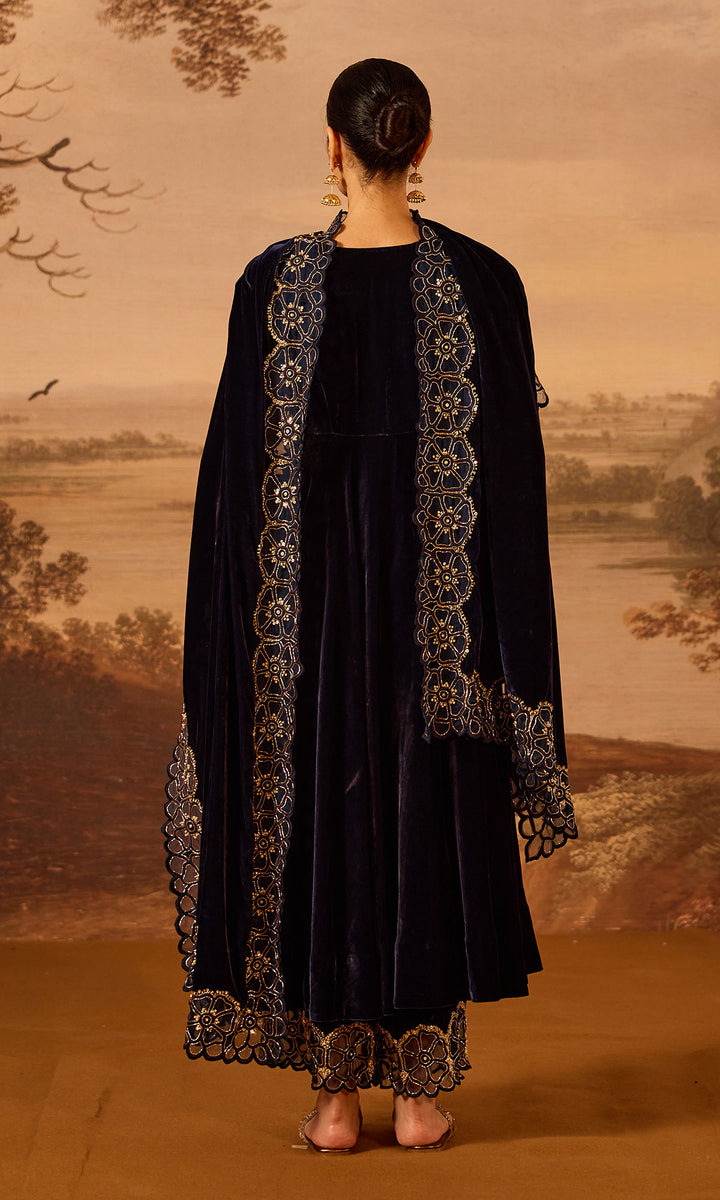 Dilbaro Embroidered Velvets Blue Silk Velvet Anarkali with Embroidered Palazzo and Shawl (Set of 3)