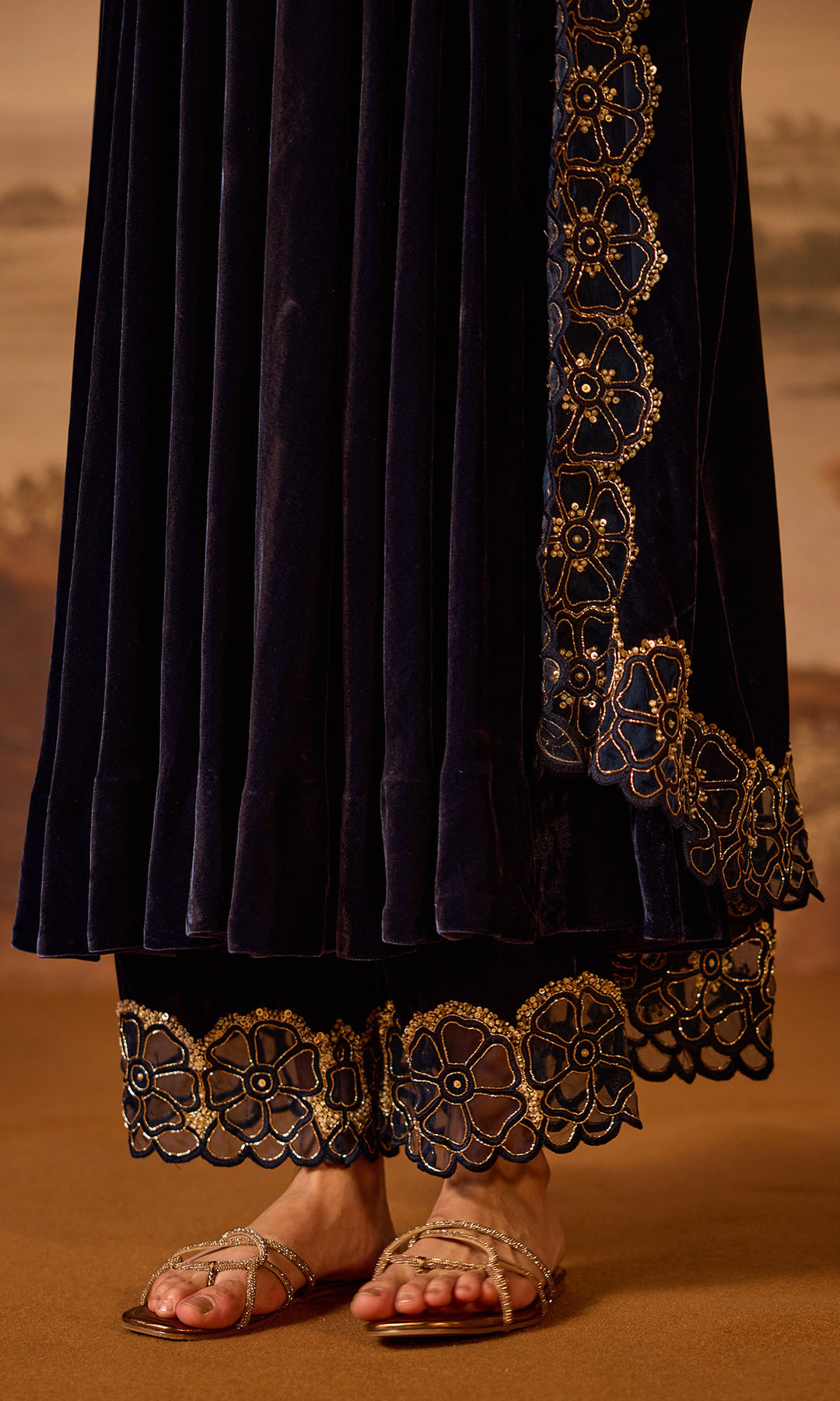 Dilbaro Embroidered Velvets Blue Silk Velvet Anarkali with Embroidered Palazzo and Shawl (Set of 3)