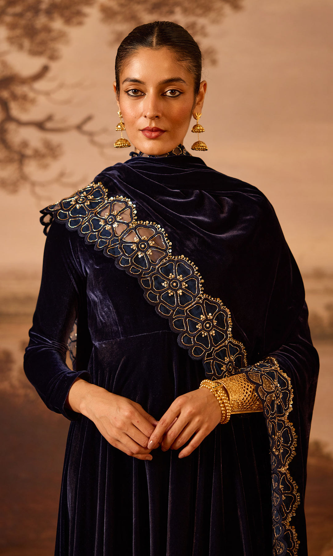 Dilbaro Embroidered Velvets Blue Silk Velvet Anarkali with Embroidered Palazzo and Shawl (Set of 3)