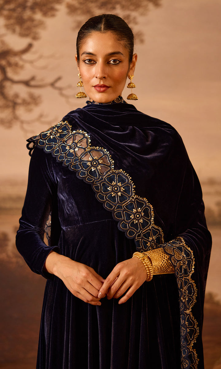 Dilbaro Embroidered Velvets Blue Silk Velvet Anarkali with Embroidered Palazzo and Shawl (Set of 3)