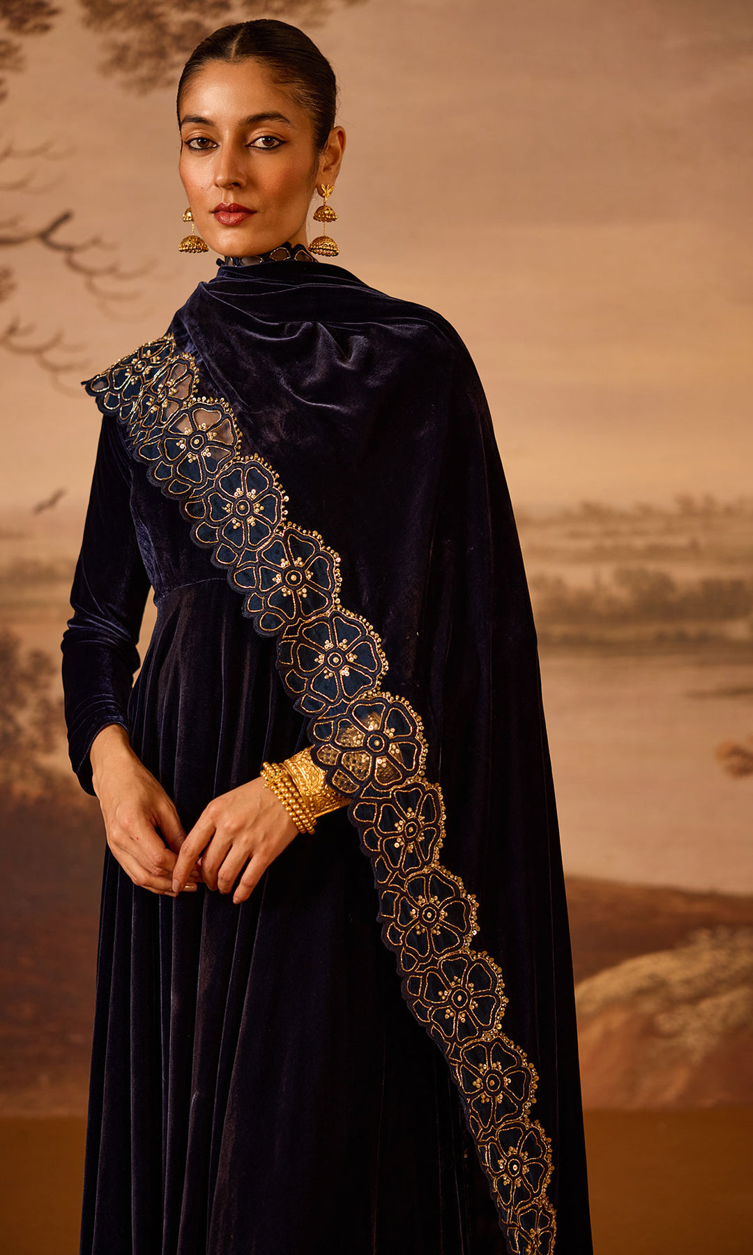 Dilbaro Embroidered Velvets Blue Silk Velvet Anarkali with Embroidered Palazzo and Shawl (Set of 3)